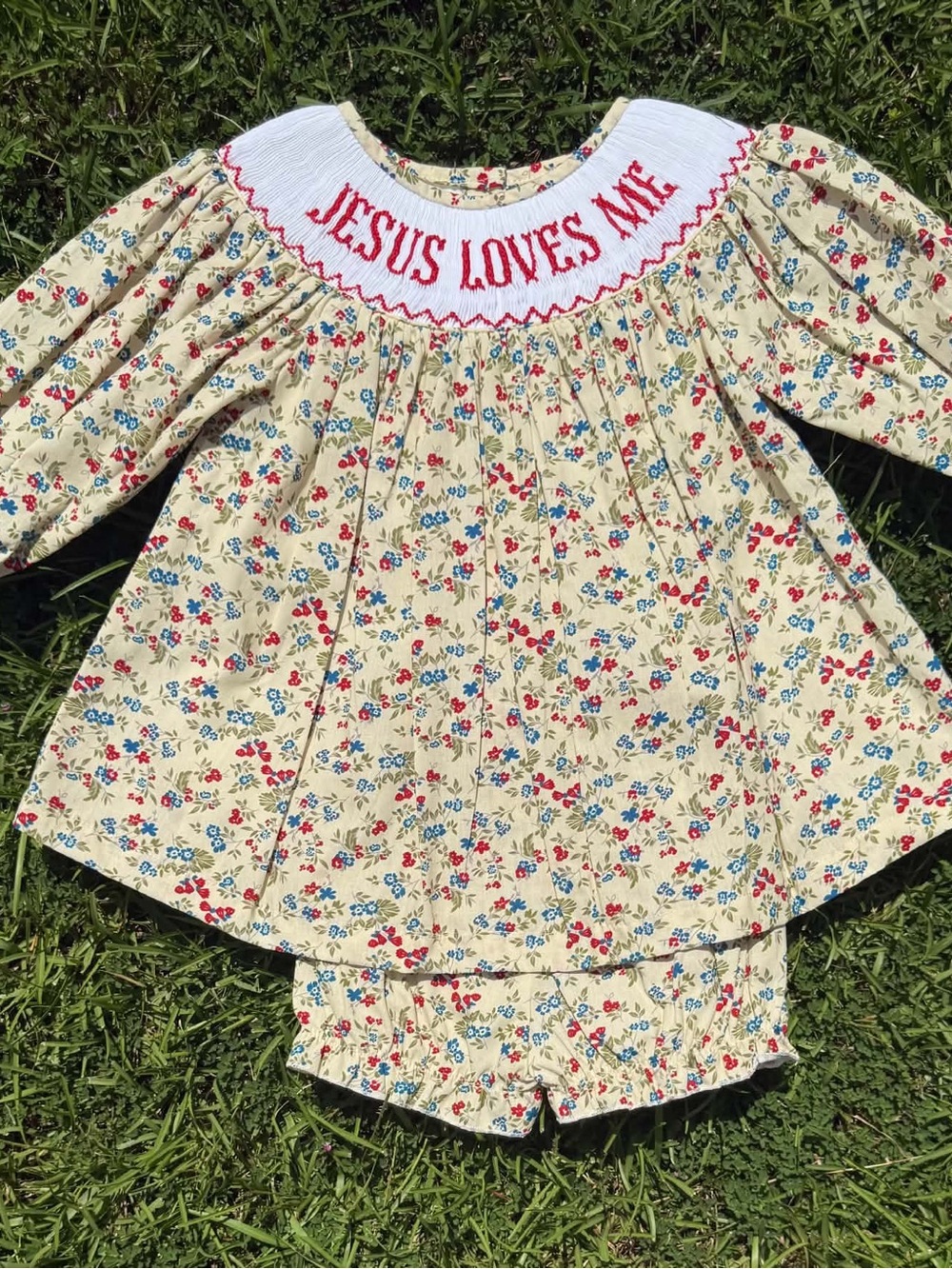 Smocked 'Jesus Loves Me' Floral Baby Set in Cream, Red & Blue